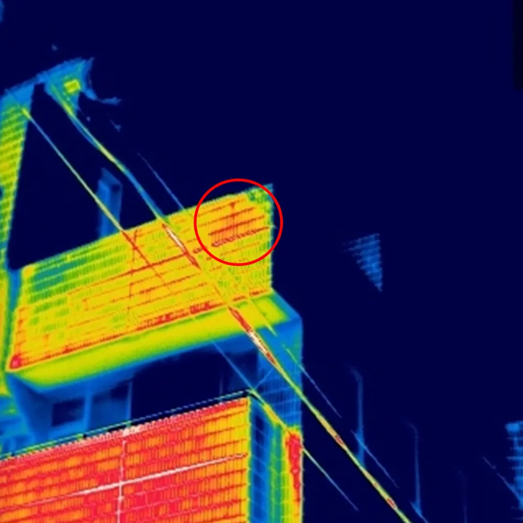 反射率が高く赤外線調査に向いている建物の浮きの赤外線画像